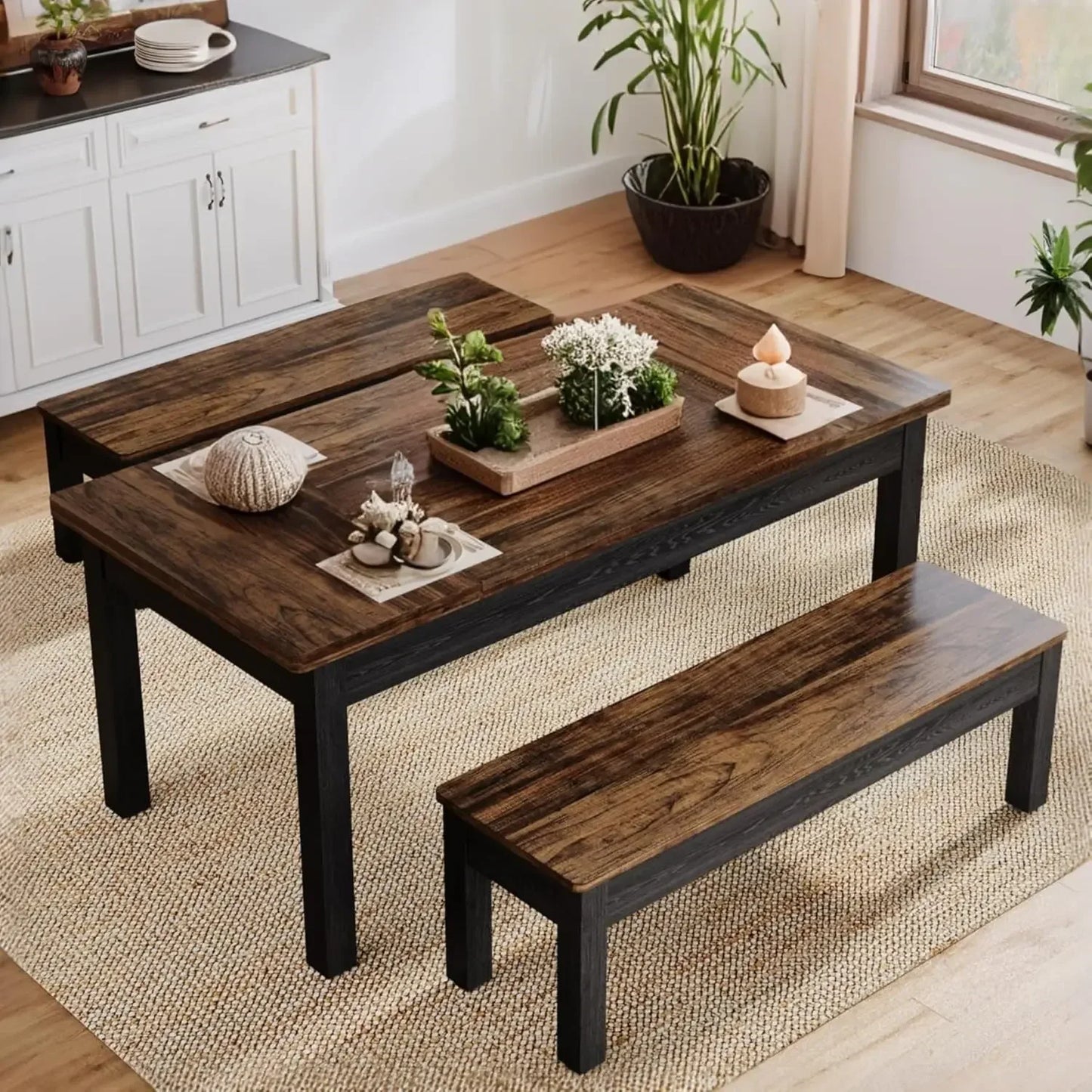 Farmhouse Wooden Dining Table Set for 4 to 6 with Benches