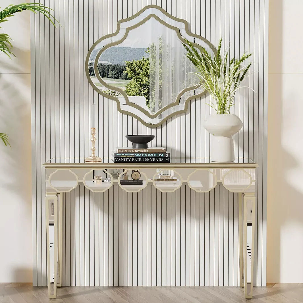LUVODI Modern Glass Console Table with Gold Rim for Living Room