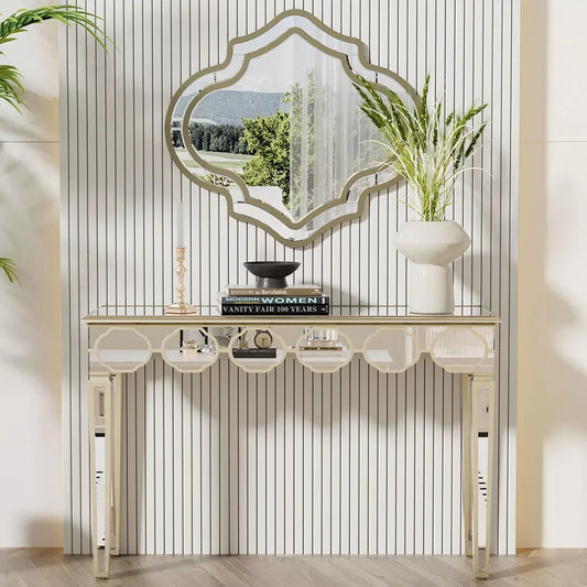 LUVODI Modern Glass Console Table with Gold Rim for Living Room