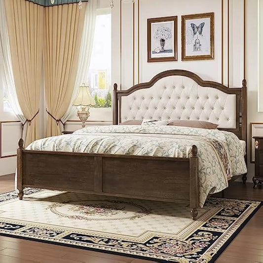 King Size Wood Bed Frame with Upholstered Headboard and Storage