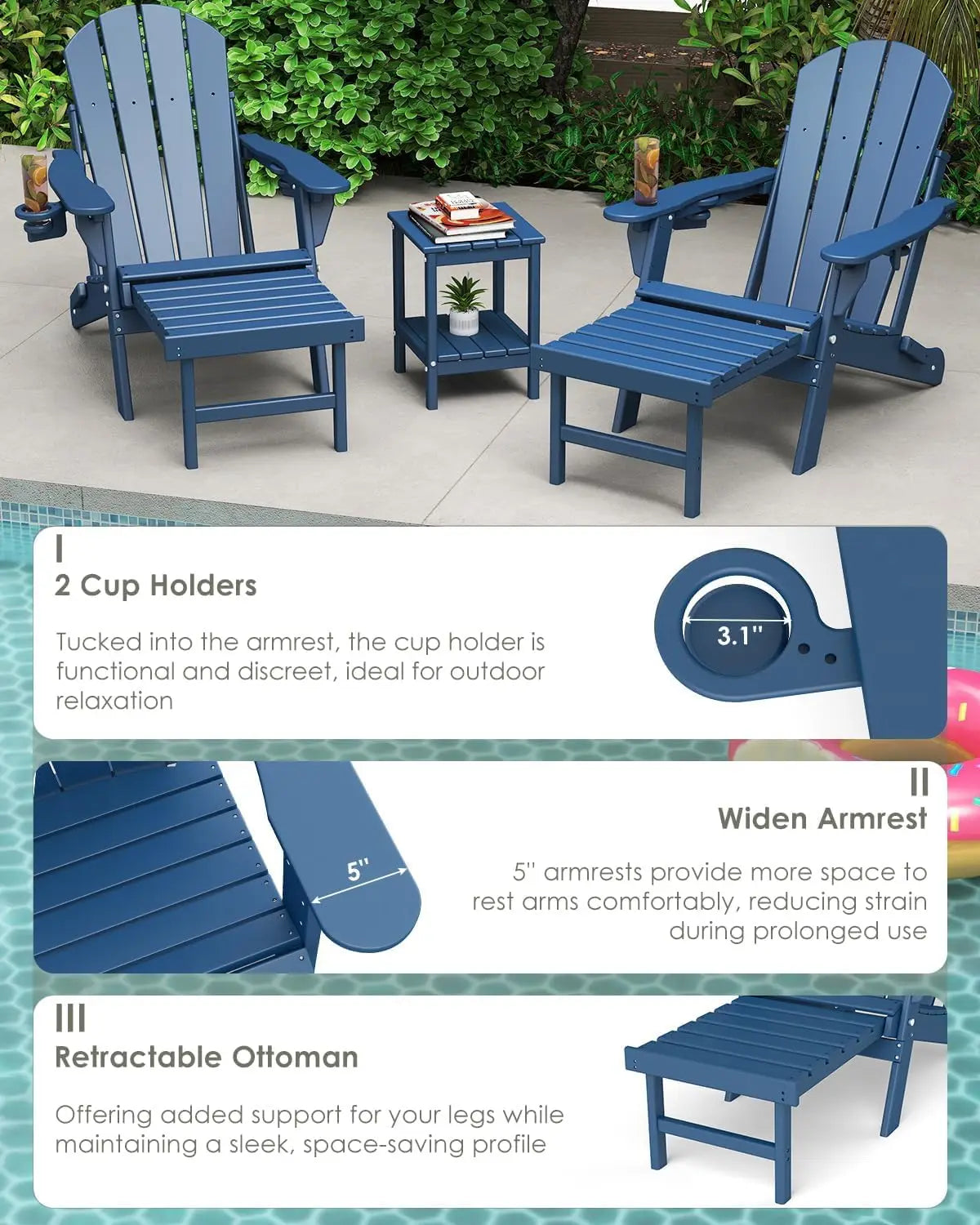 Adjustable Adirondack Chair Set with Retractable Ottoman Blue