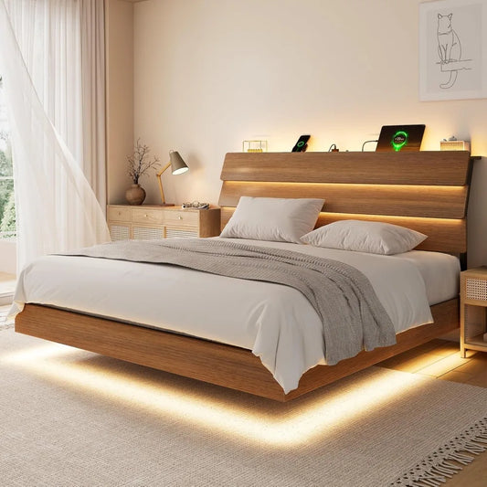 Floating King Size Metal Bed Frame with LED Lights and Storage