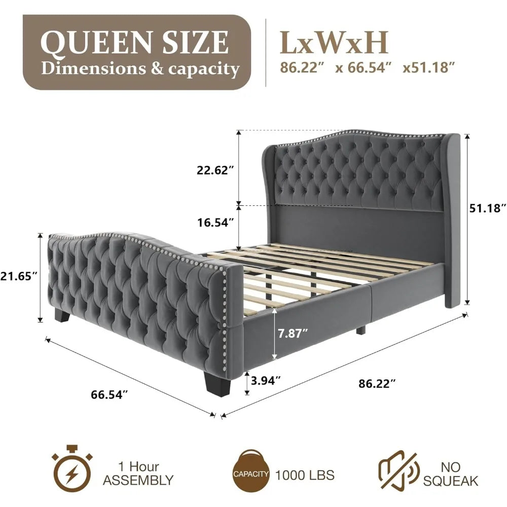 Queen Size Platform Bed Frame with Camelback Headboard and Storage