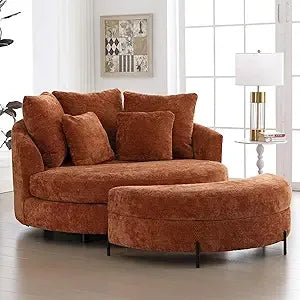Oversized Round Barrel Chair with Ottoman for Living Room