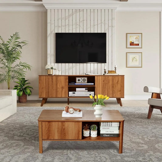 Rustic Walnut TV Stand and Coffee Table Set with Storage
