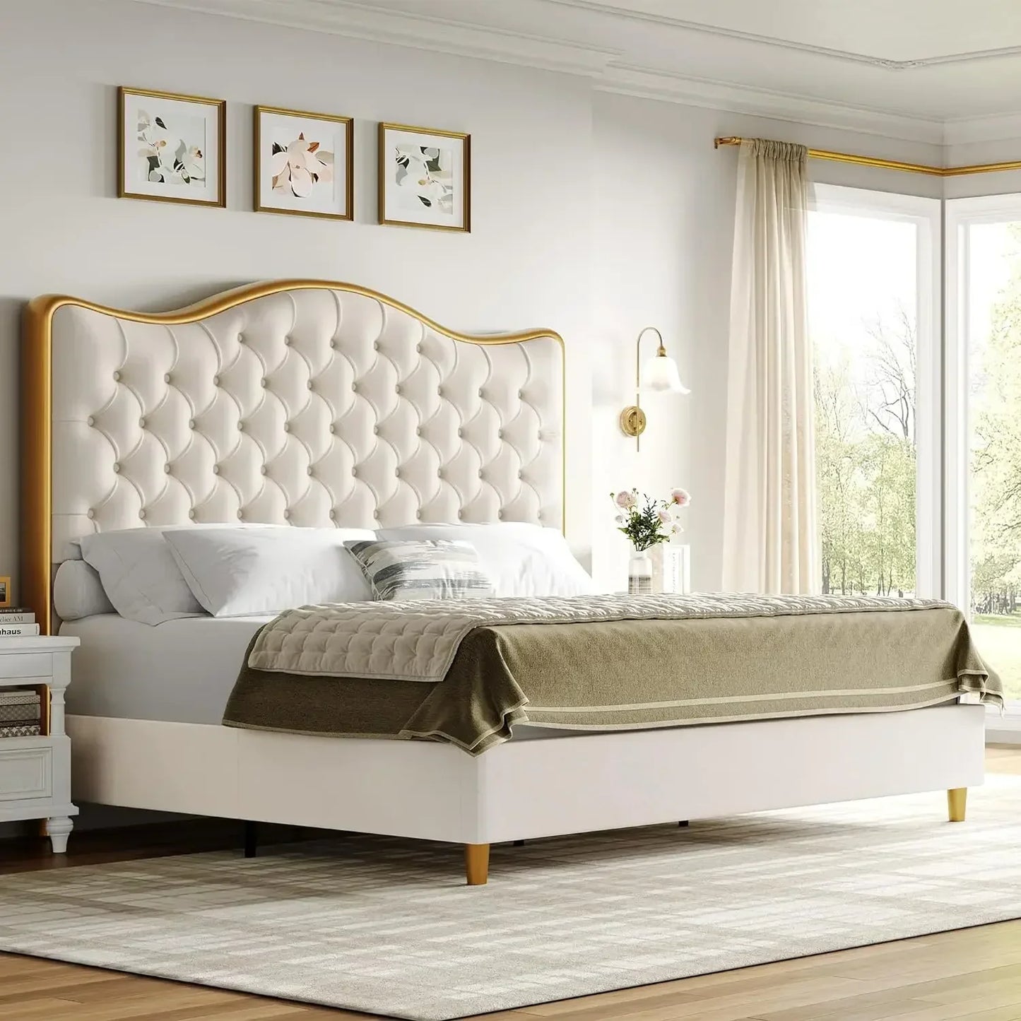 Modern Velvet Upholstered Queen King Size Platform Bed Frame