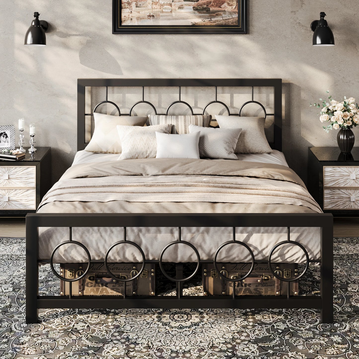 HOOMIC Metal Platform Bed Frame with Vintage Circular Design