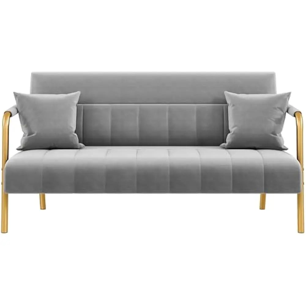 Luxurious Velvet Sofa with Gold-Tone Arms for Living Room
