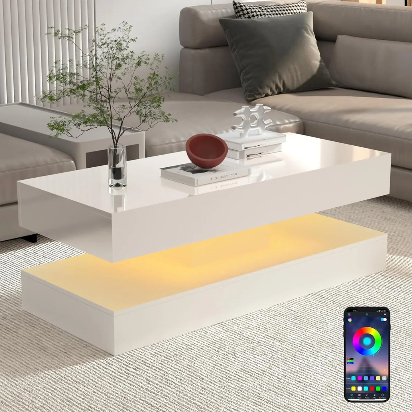Modern Coffee Table with LED Lights and Double-Layer Design