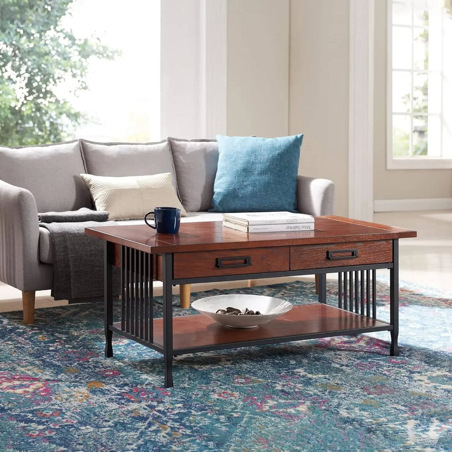 Rustic Two Drawer Coffee Table with Shelf in Mission Oak Finish