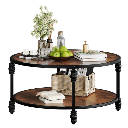 Rustic Round Coffee Table with Storage Shelf and Metal Legs