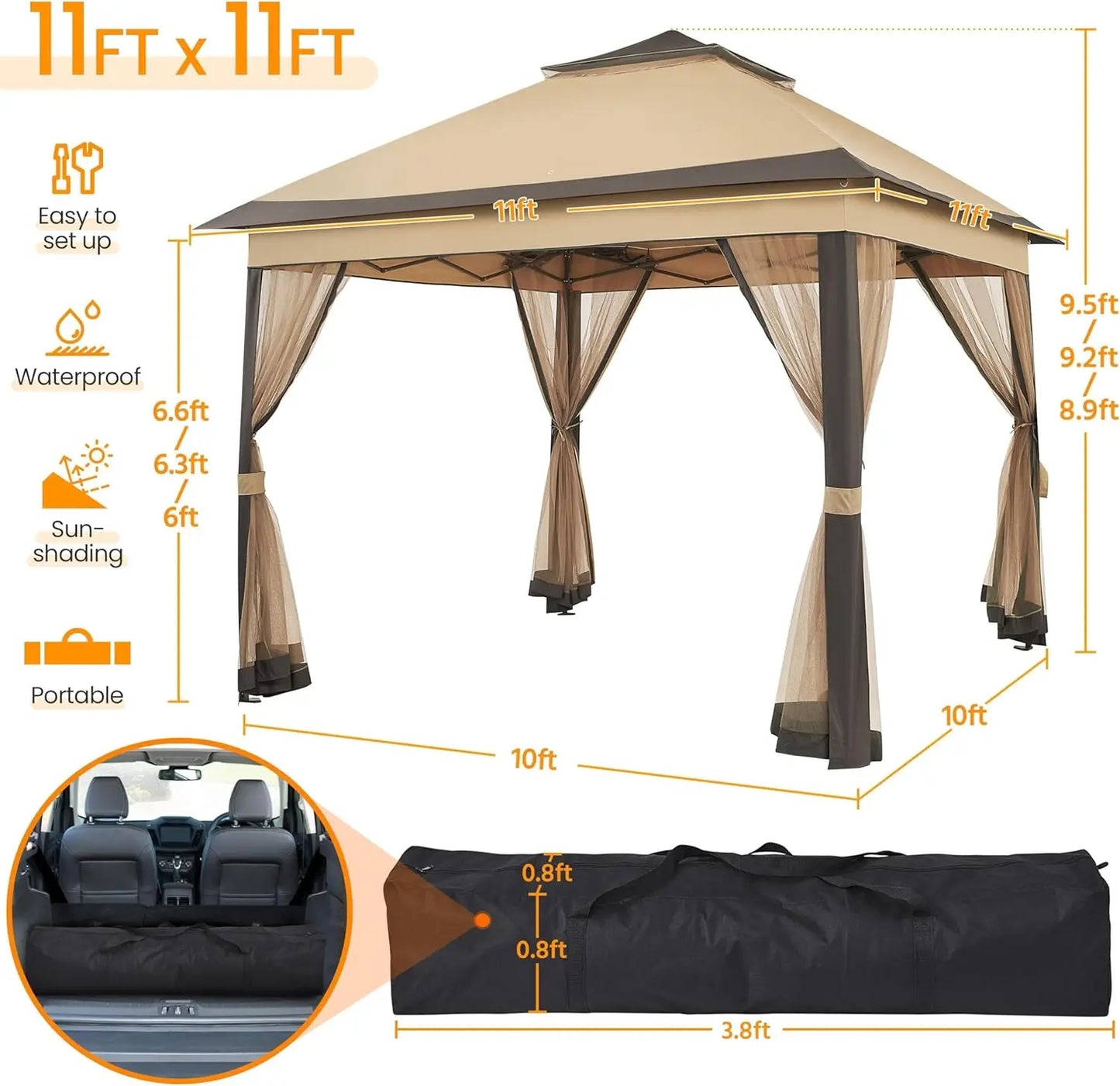 11x11 Pop Up Gazebo Instant Canopy Tent with Sandbags and Netting