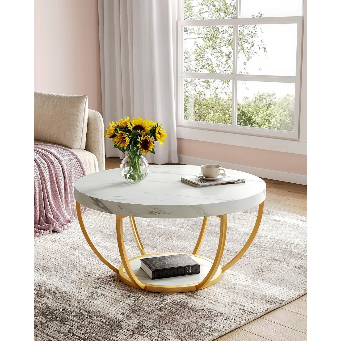 32 Inch Circle Marble Coffee Table with Golden Metal Legs