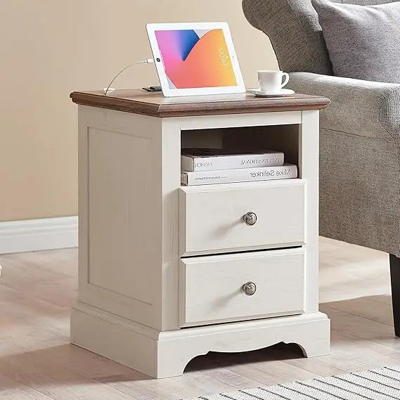 Vintage Nightstand with Charging Station and Storage Shelf