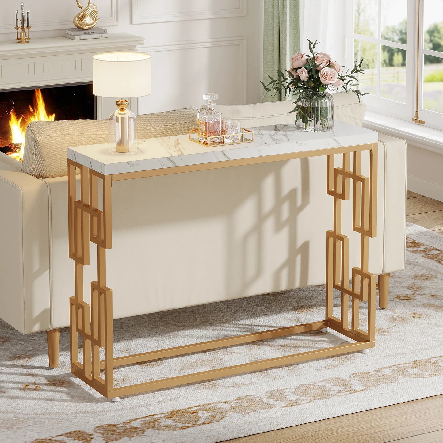 Tribesigns Gold Console Table with White Faux Marble Top