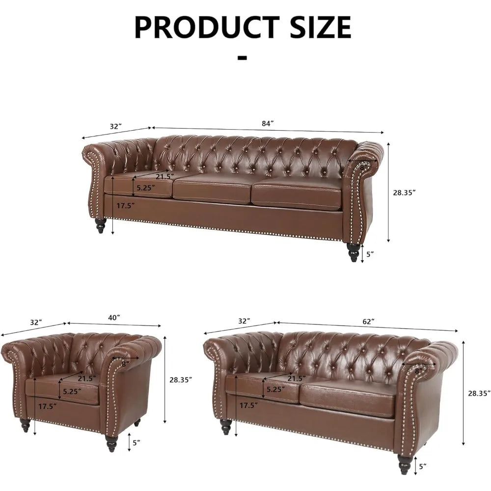 Chesterfield Leather Sofa 3 Seater Mid Century Tufted Couch