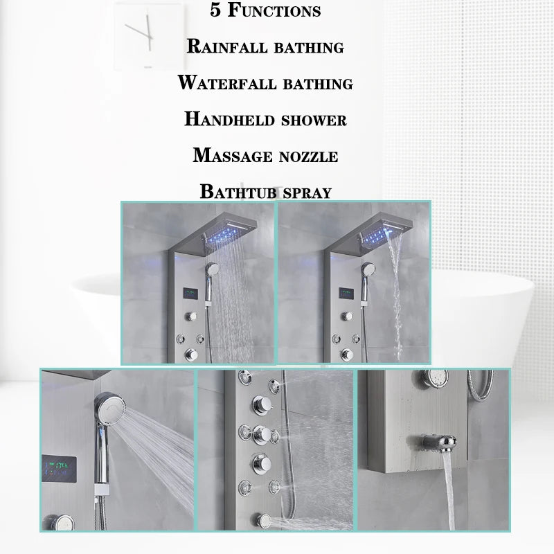 LED Rainfall Shower Faucet Set with Temperature Display and Massage