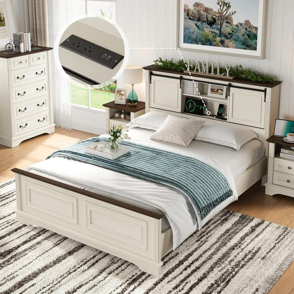 Antique White Queen Bed Frame with Storage Headboard and Bookcase