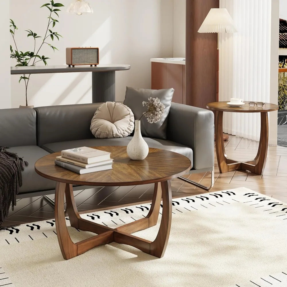 Mid Century Modern Round Walnut Coffee Table for Living Room