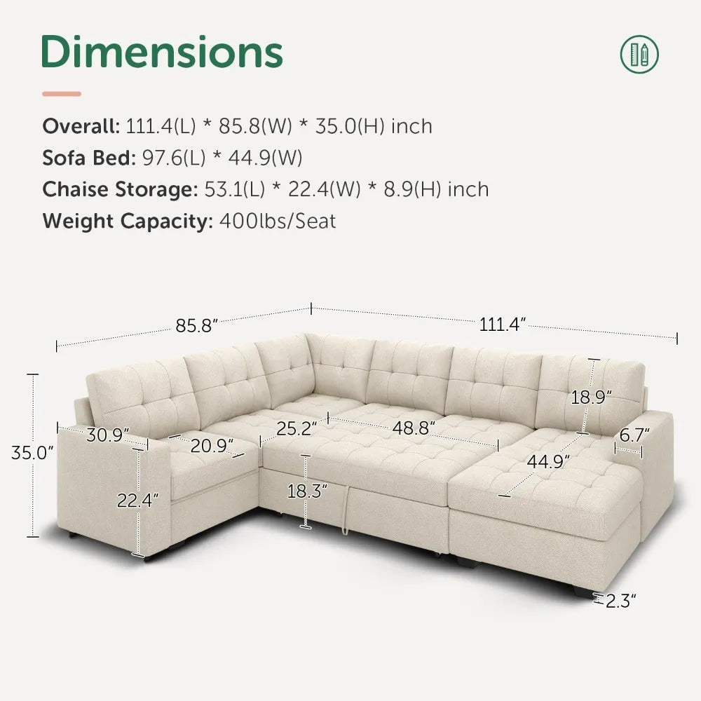 Beige U Shaped Sleeper Sectional Sofa With Storage Chaise