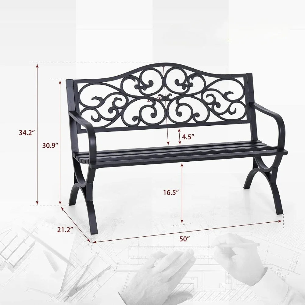 50 Inch Outdoor Garden Bench with Floral Design Metal Frame