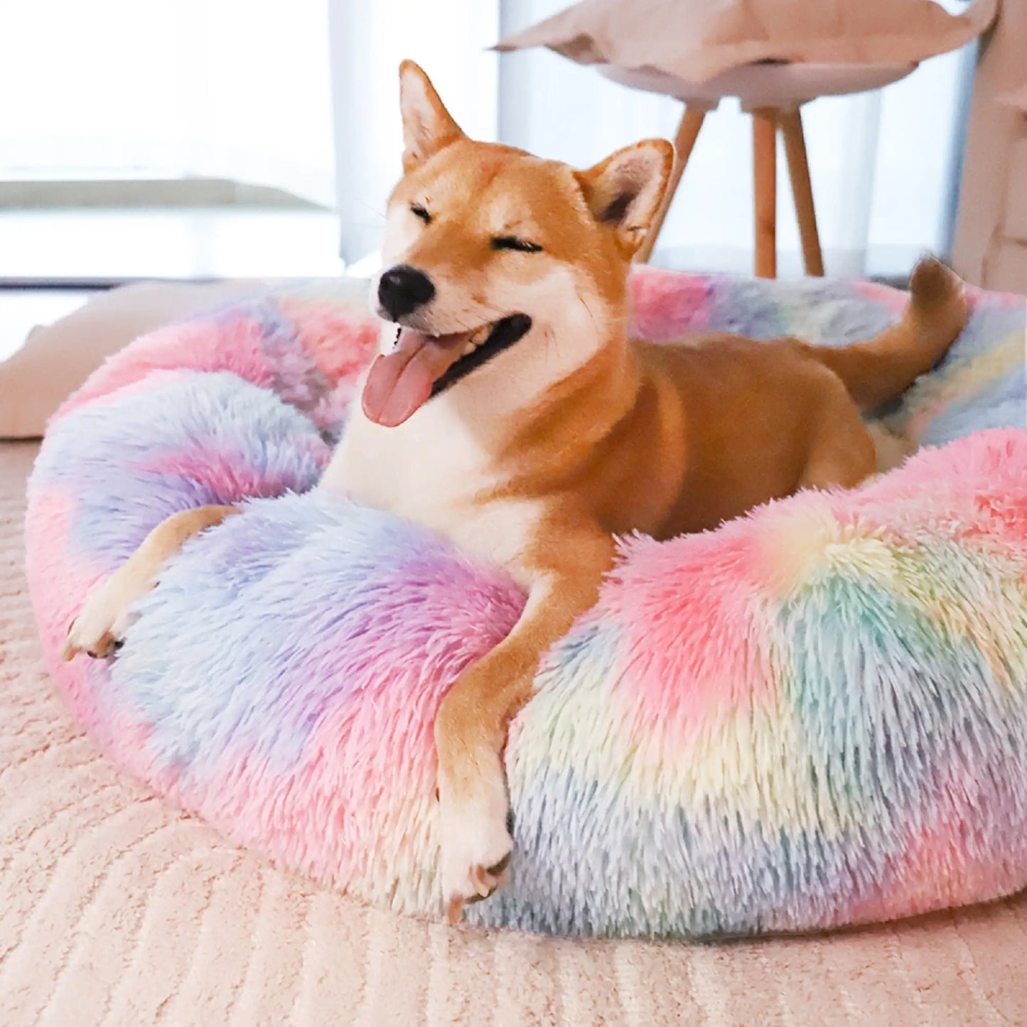 Calming Donut Pet Bed for Large Dogs 36 Inch Pink Rainbow