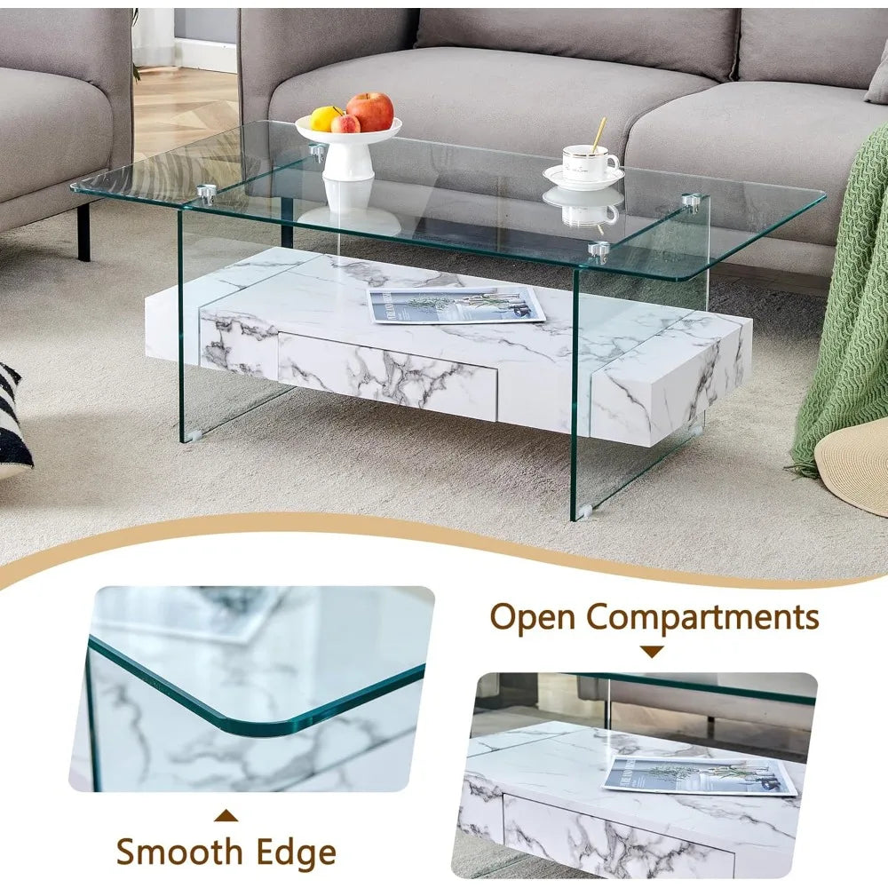 Modern White Rectangle Glass Coffee Table with Storage 43 Inches