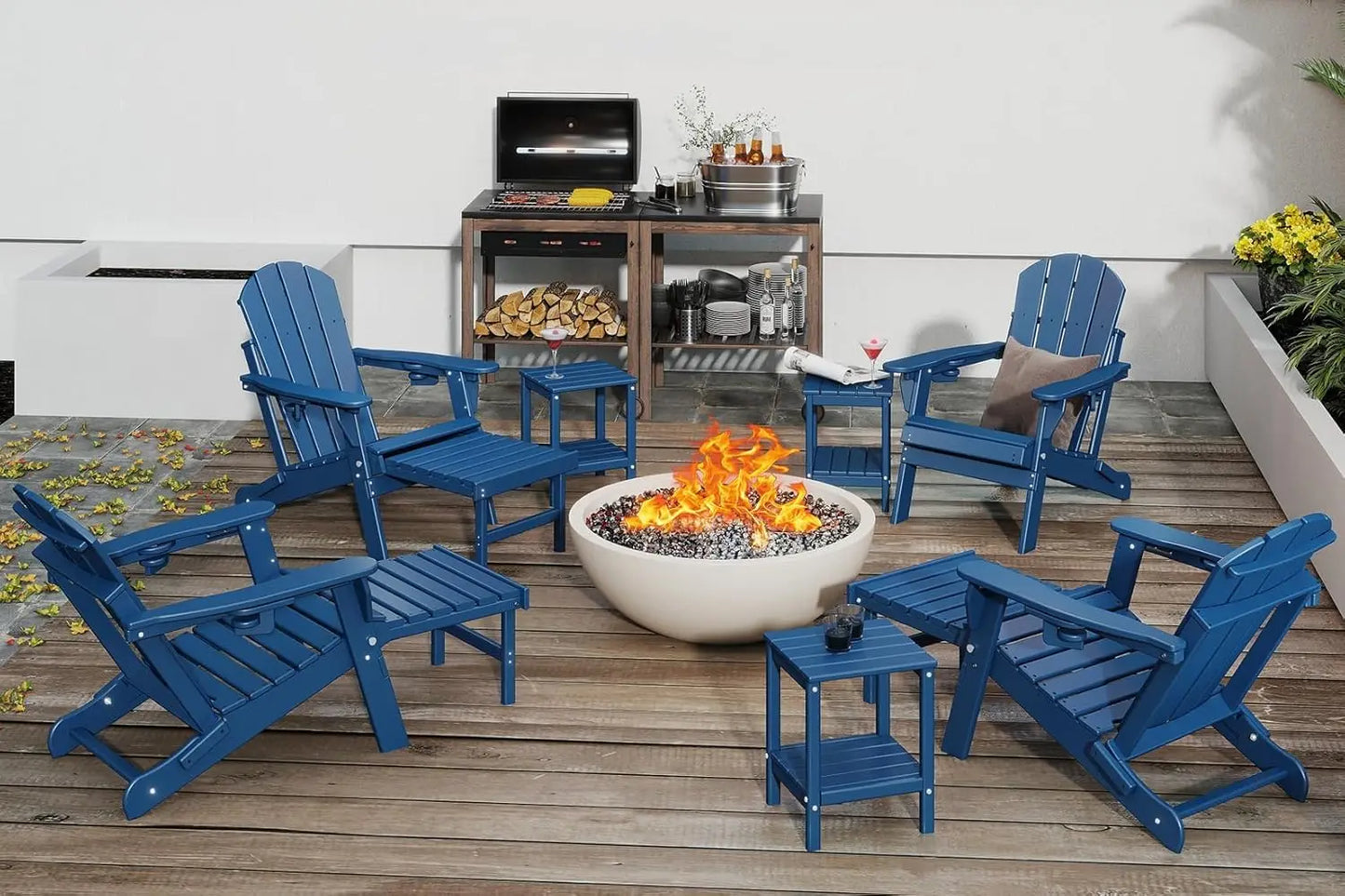 Adjustable Adirondack Chair Set with Retractable Ottoman Blue