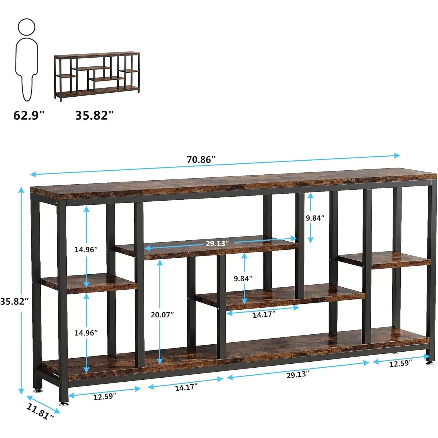 Industrial 3-Tier Console Sofa Table for Living Room 70.9 Inch