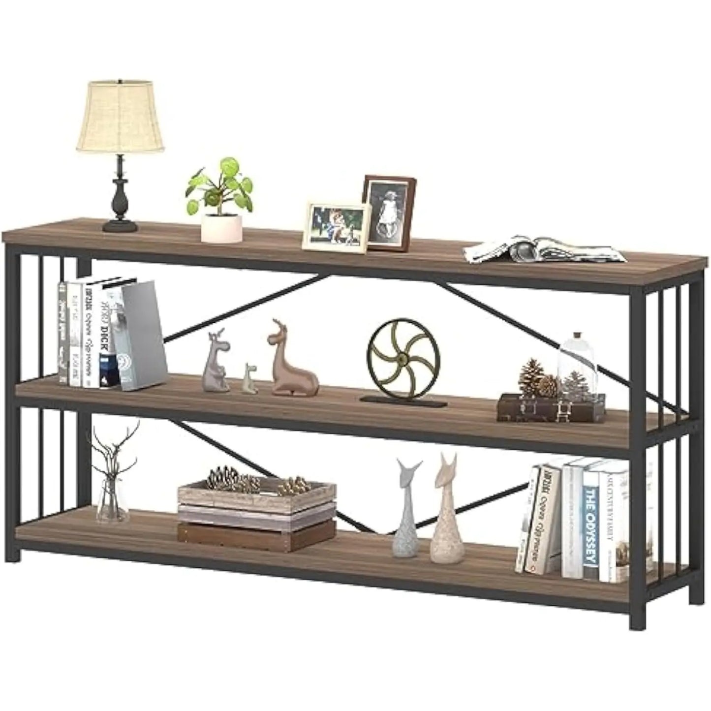 Industrial 3 Tier Rustic Wood and Metal Bookshelf for Home