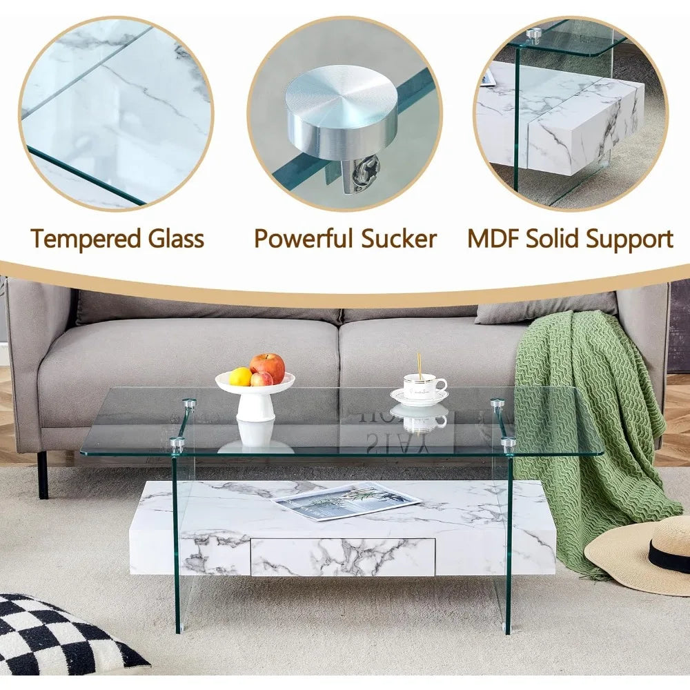 Modern White Rectangle Glass Coffee Table with Storage 43 Inches