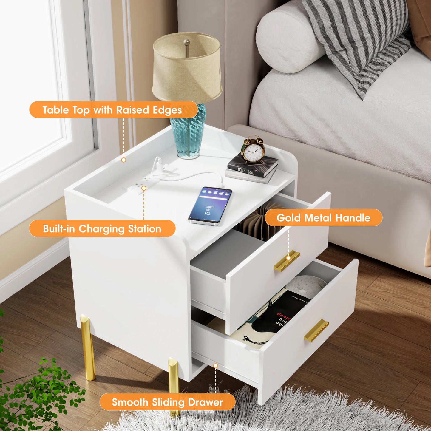Vabches Modern Nightstand Set of 2 with Charging Station