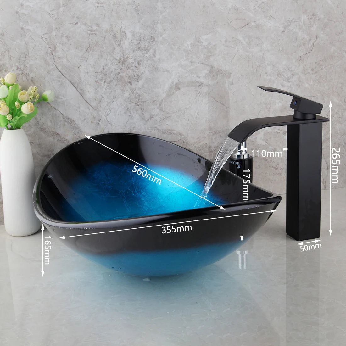 KEMAIDI Oval Tempered Glass Vessel Sink with Black Faucet Set