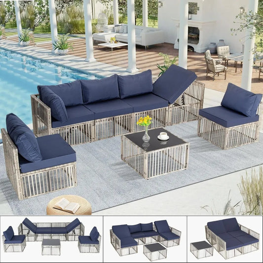 7 Piece Wicker Outdoor Patio Furniture Set with Blue Cushions
