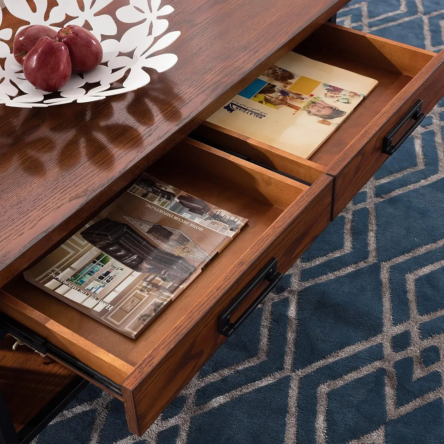 Rustic Two Drawer Coffee Table with Shelf in Mission Oak Finish