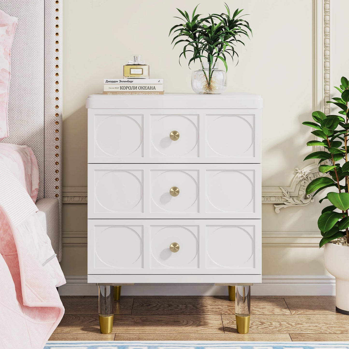 Tribesigns Modern White Gold 3-Drawer Nightstand with Storage