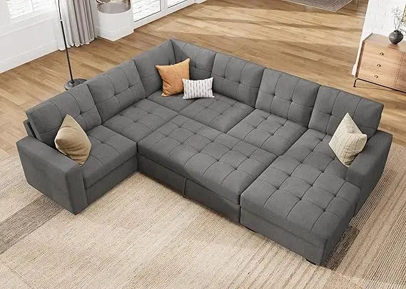 Beige U Shaped Sleeper Sectional Sofa With Storage Chaise