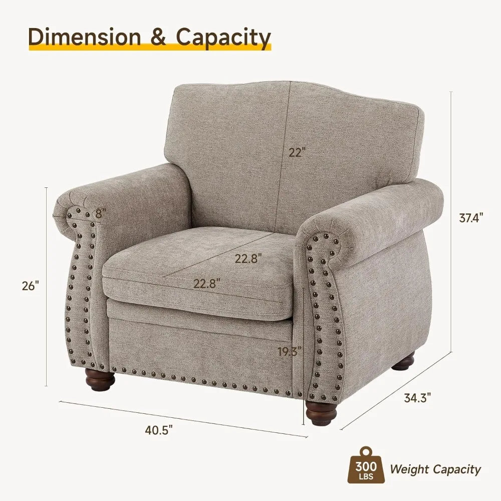 Beige Nailhead Trim Armchair Chenille Accent Chair for Living Room