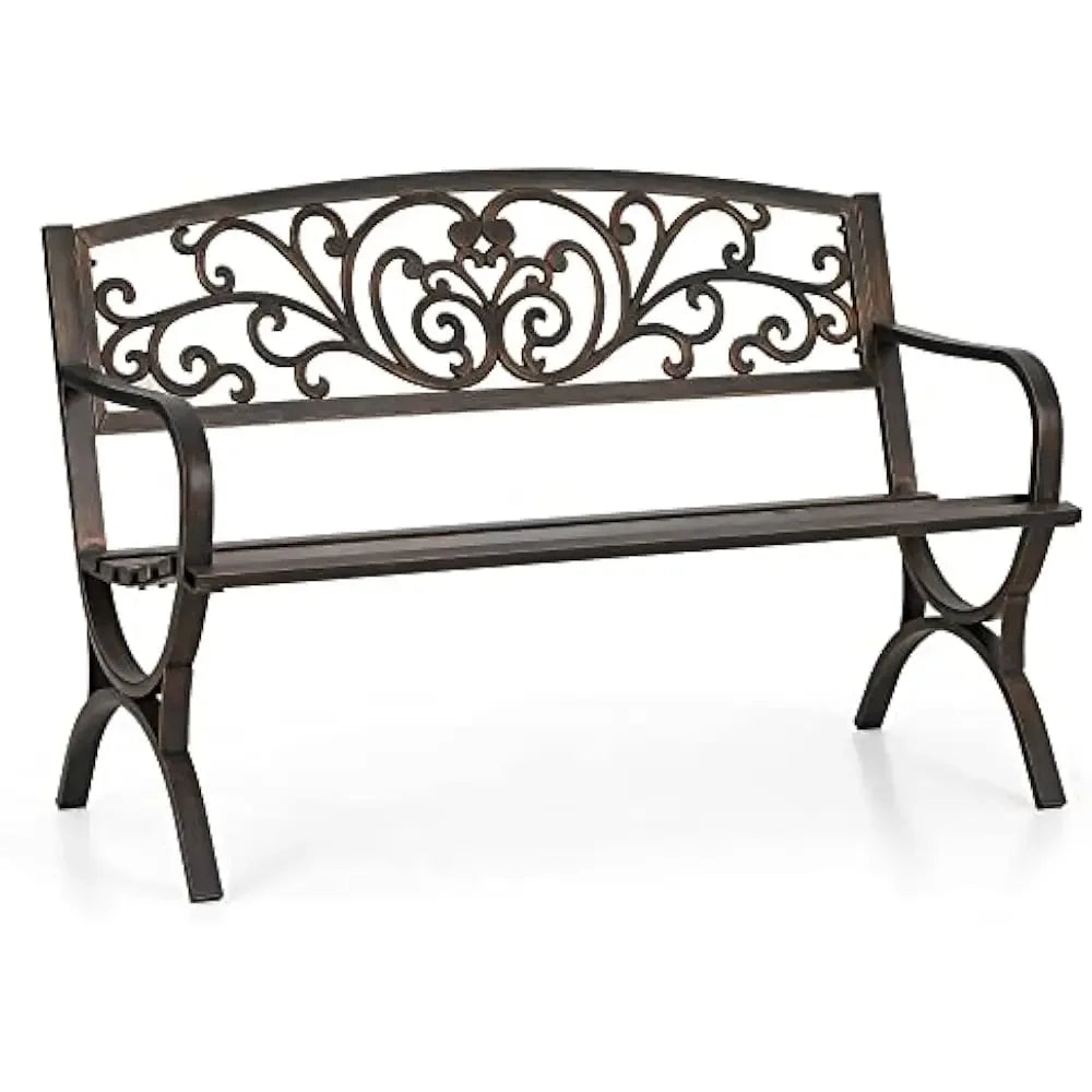 50 Inch Outdoor Garden Bench with Floral Design Metal Frame