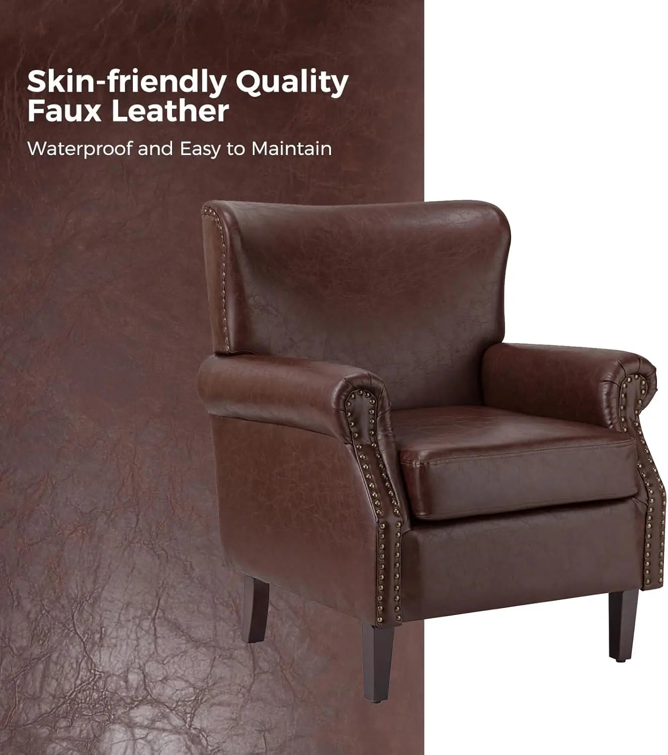 Faux Leather Accent Chairs Set of 2 Comfy Upholstered Brown