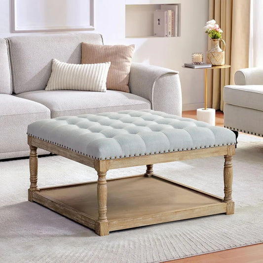 Large Square Tufted Ottoman Coffee Table with Storage Shelf