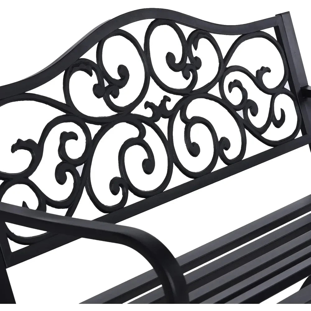 50 Inch Outdoor Garden Bench with Floral Design Metal Frame