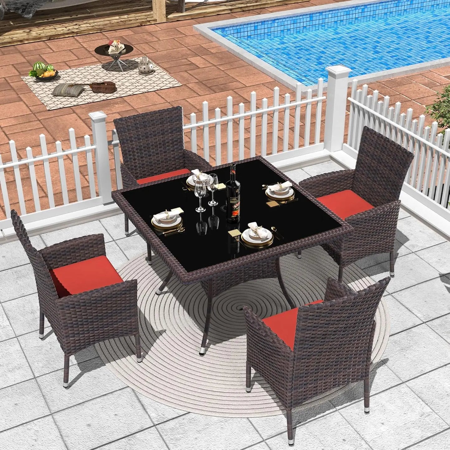 5 Piece Rattan Patio Dining Set with Cushions and Navy Blue Chairs