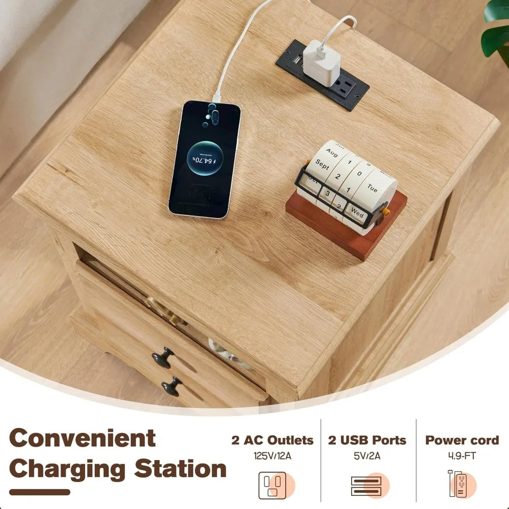 Vintage Nightstand with Charging Station and Storage Shelf