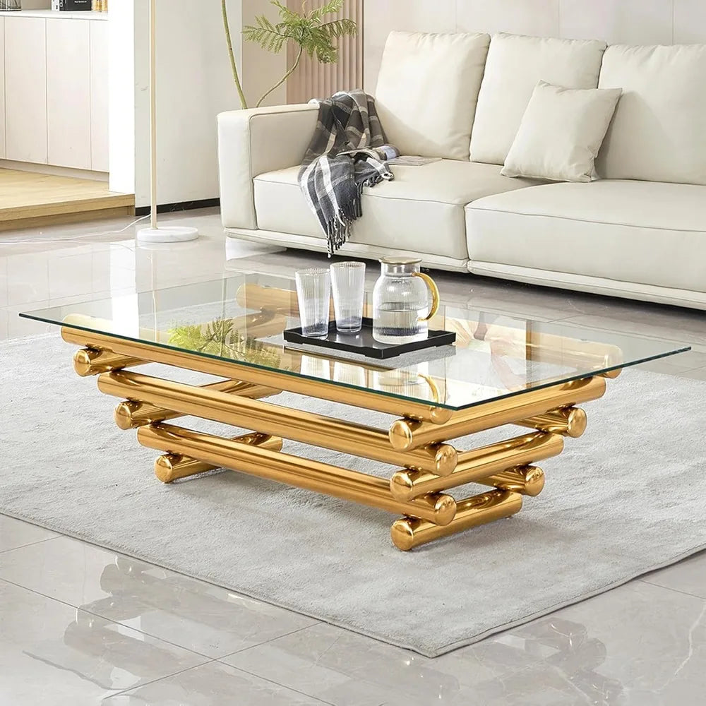 Modern 55 Inch Glass Coffee Table with Gold Stainless Steel Legs