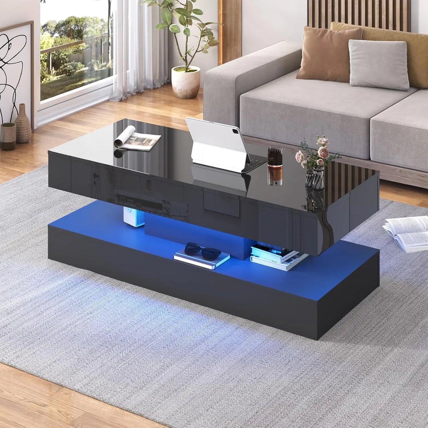 Modern Coffee Table with LED Lights and Double-Layer Design