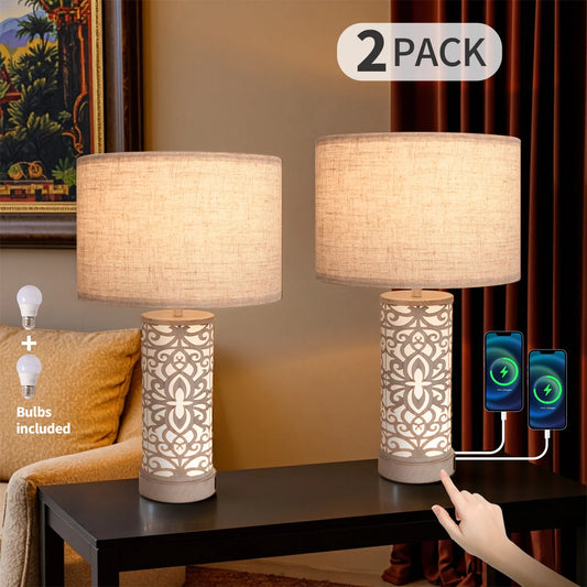 Retro Farmhouse Table Lamp Set with USB Ports and Dimmable Light