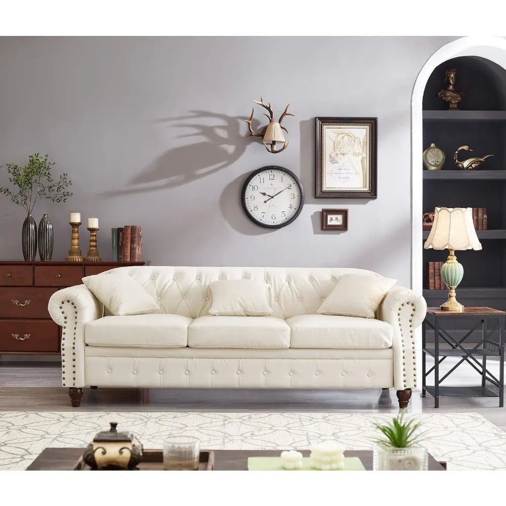 Tufted Leather Chesterfield Sofa with Storage and 3 Seats