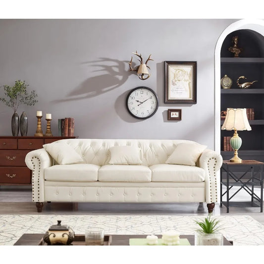 Tufted Leather Chesterfield Sofa with Storage and 3 Seats
