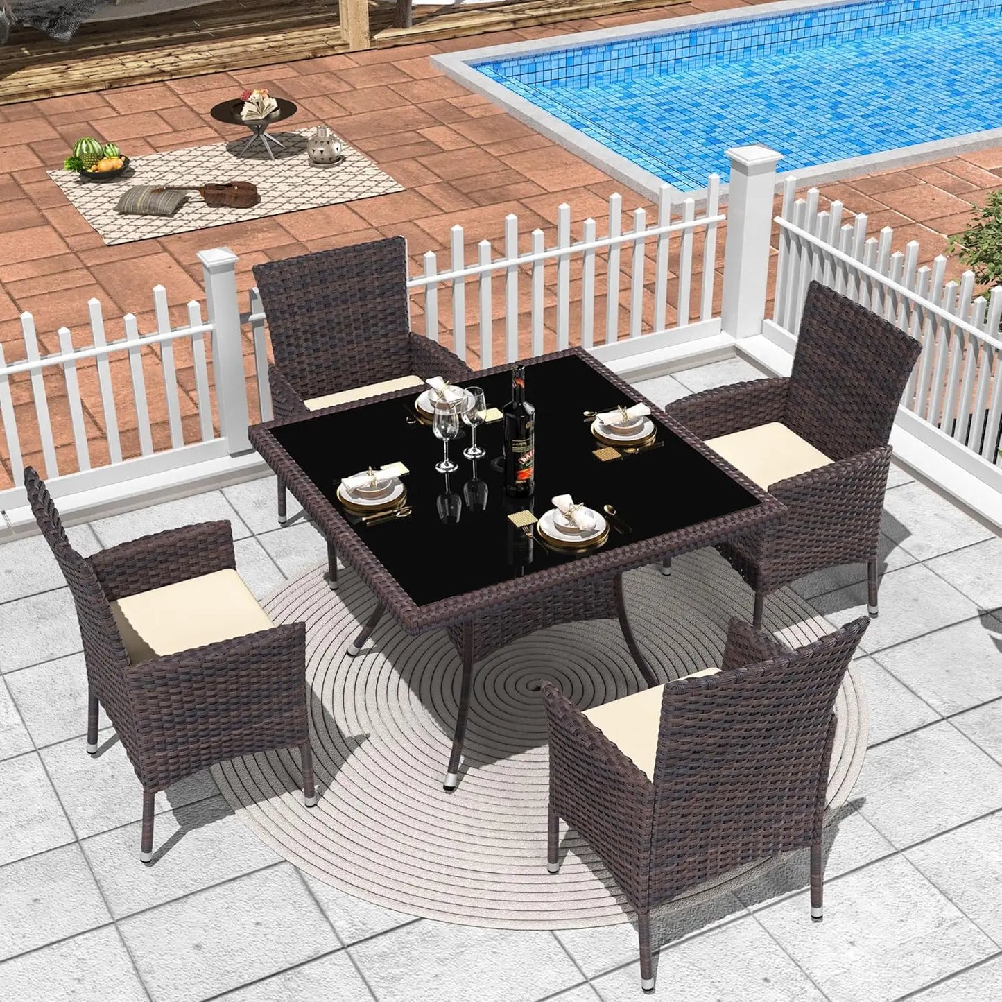 5 Piece Rattan Patio Dining Set with Cushions and Navy Blue Chairs